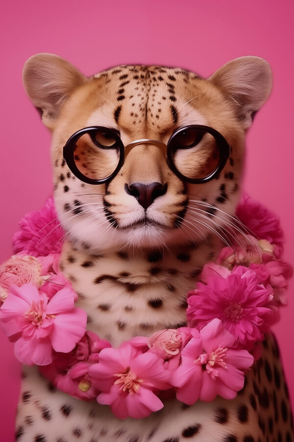 Léopard portant des lunettes et un collier de fleurs Léopard portant des lunettes et un collier de fleurs