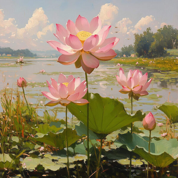 Fleurs roses sur un lac Fleurs roses sur un lac