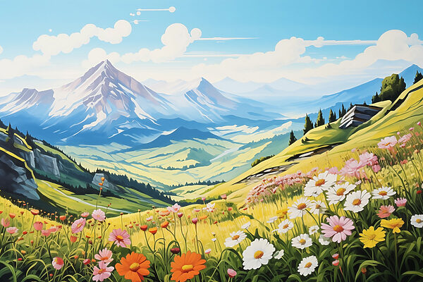 Paysage avec montagnes et fleurs Paysage avec montagnes et fleurs