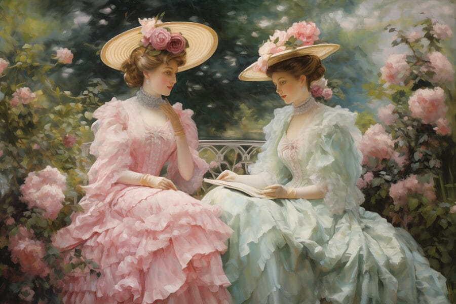 Peinture de femmes en robes et chapeaux