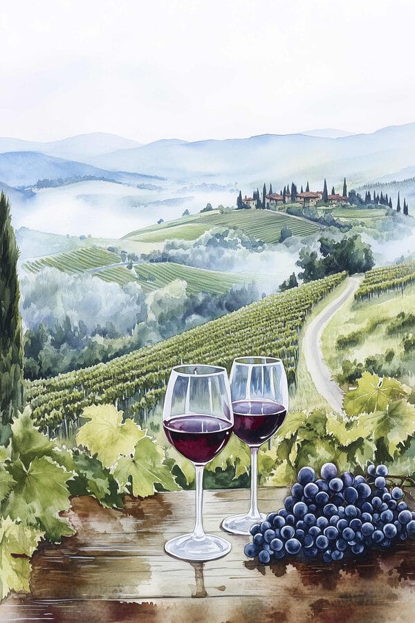 Aquarelle de verres à vin sur une table avec des raisins et des collines en arrière-plan Aquarelle de verres à vin sur une table avec des raisins et des collines en arrière-plan