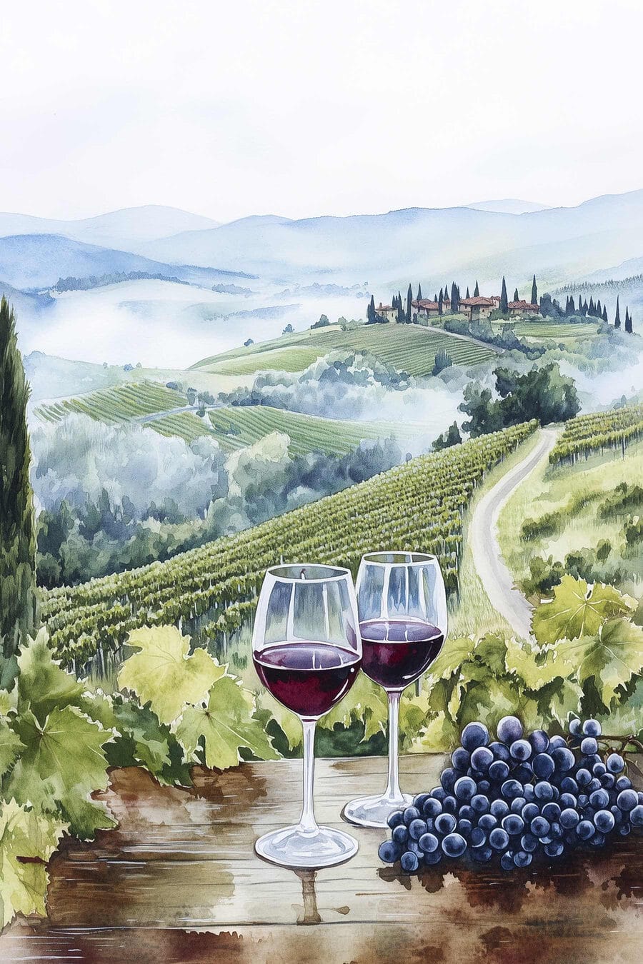 Aquarelle de verres à vin sur une table avec des raisins et des collines en arrière-plan Aquarelle de verres à vin sur une table avec des raisins et des collines en arrière-plan