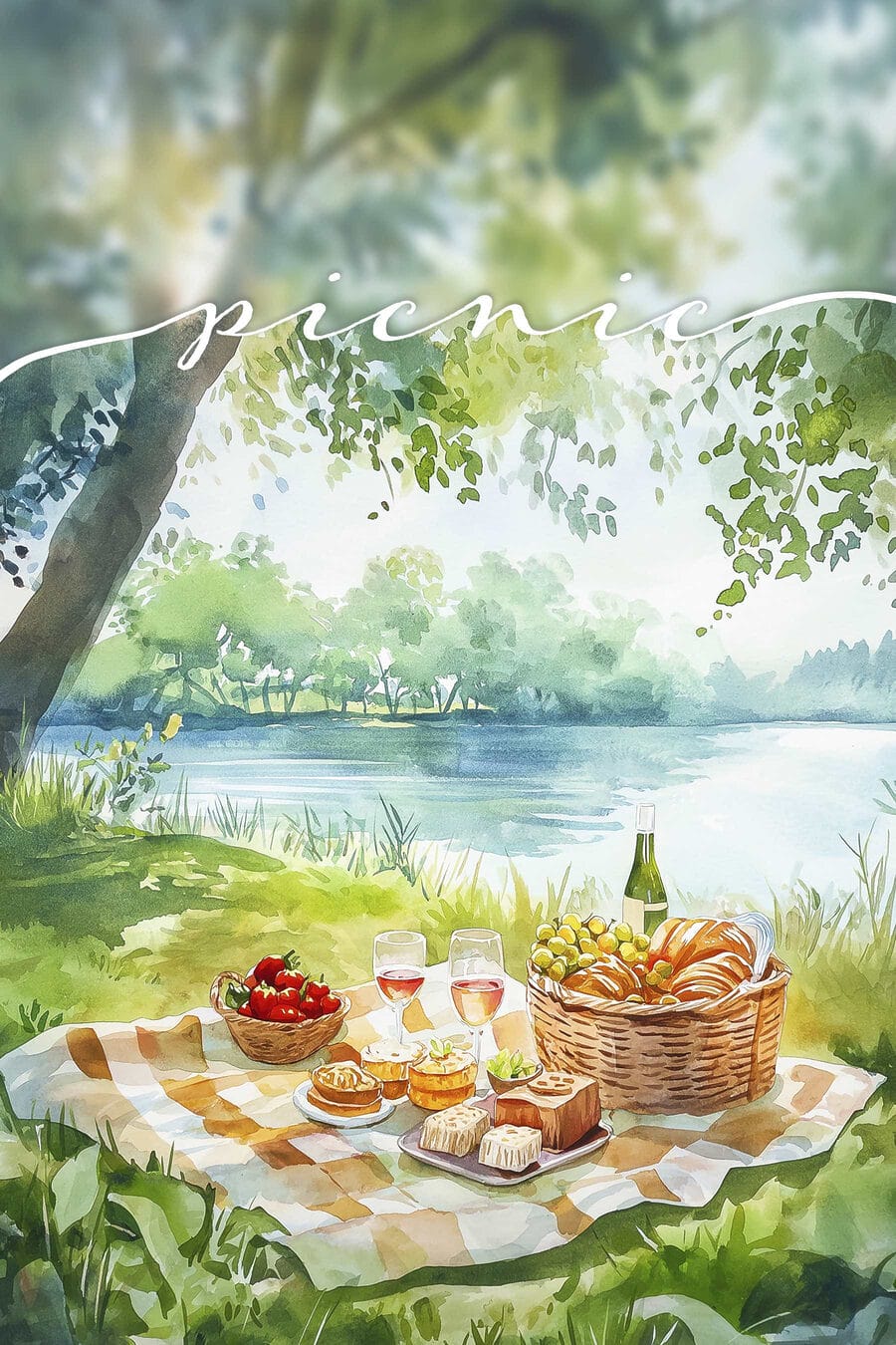 Peinture à l'aquarelle d'un pique-nique avec de la nourriture et du vin sur une couverture au bord d'un lac