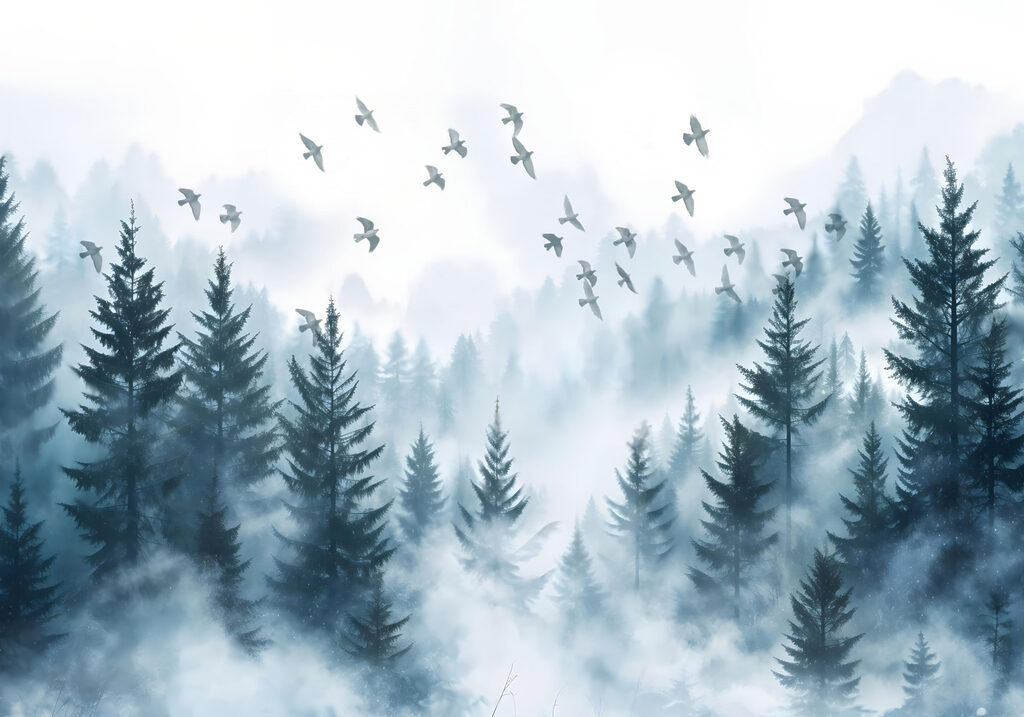 Oiseaux volant au-dessus d'une forêt Oiseaux volant au-dessus d'une forêt