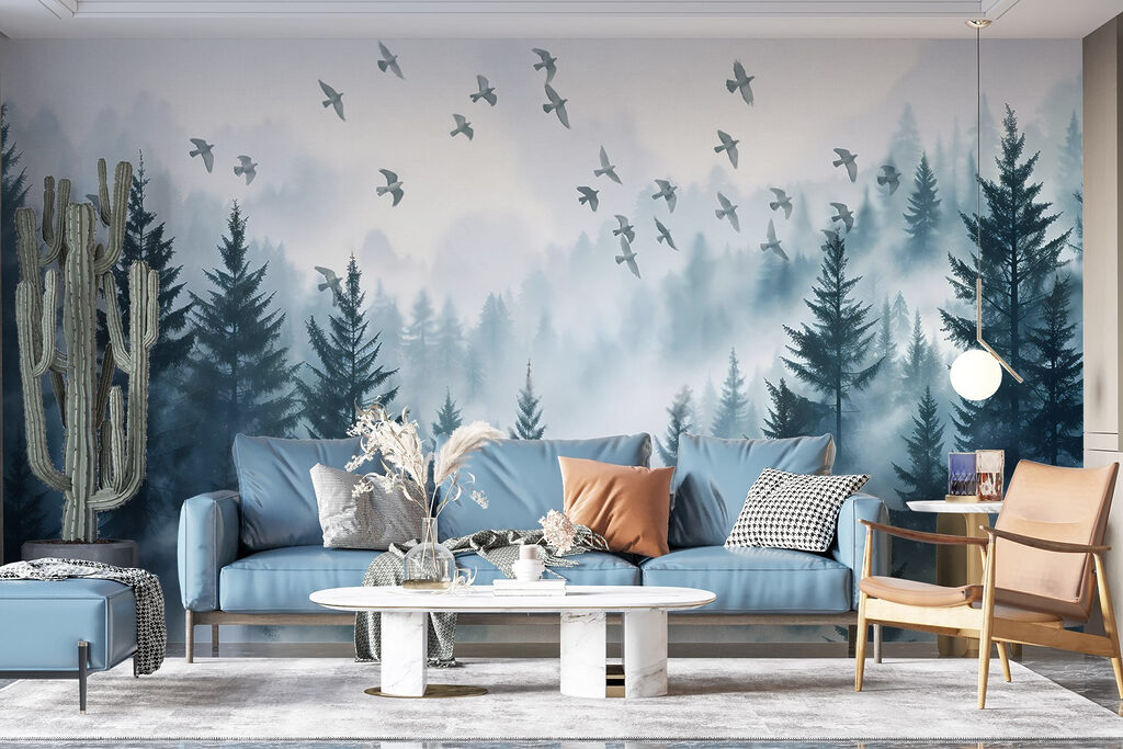 Birds flying over a forest