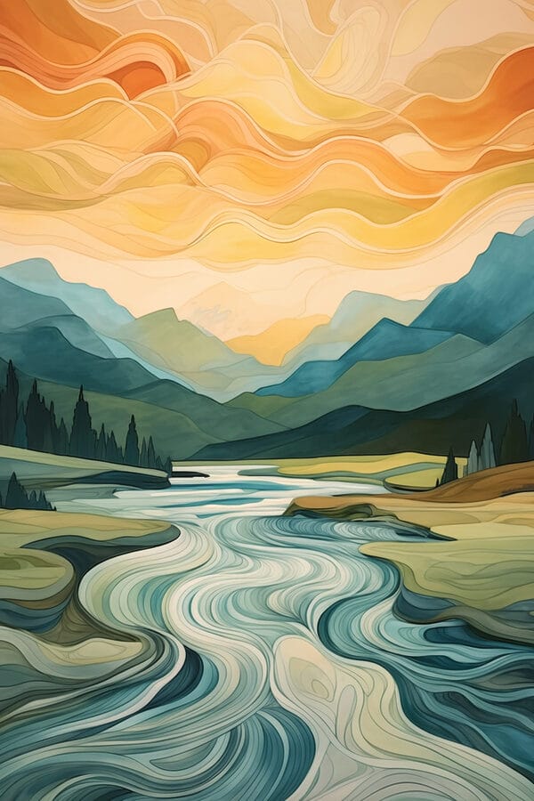 Peinture d'une rivière coulant dans une vallée Peinture d'une rivière coulant dans une vallée