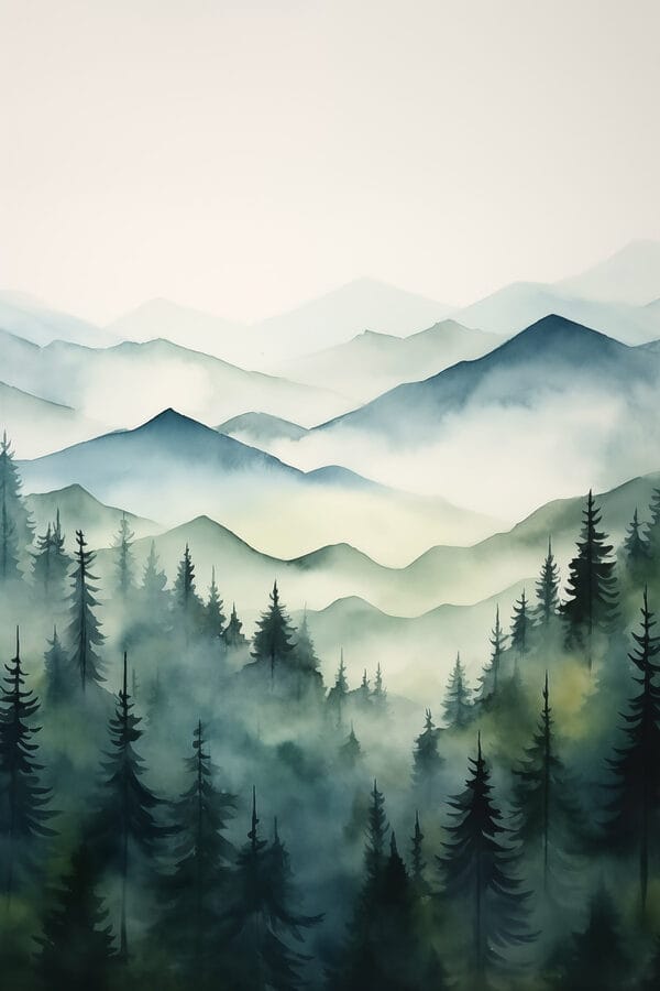 Peinture d'une chaîne de montagnes avec des arbres et du brouillard Peinture d'une chaîne de montagnes avec des arbres et du brouillard