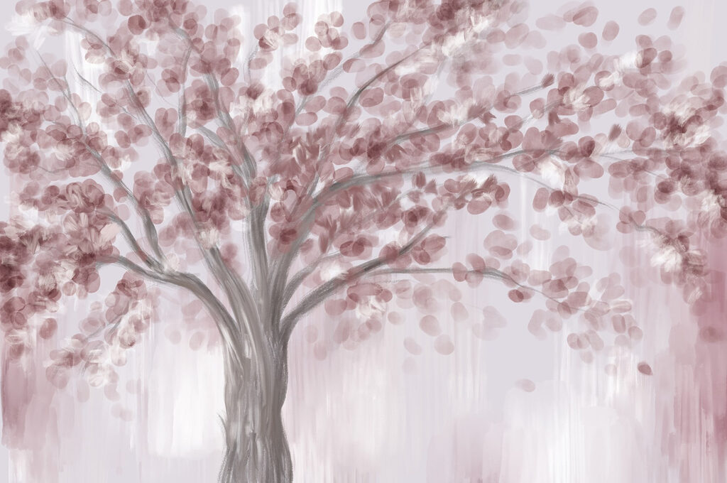 Peinture d'un arbre aux feuilles roses Peinture d'un arbre aux feuilles roses