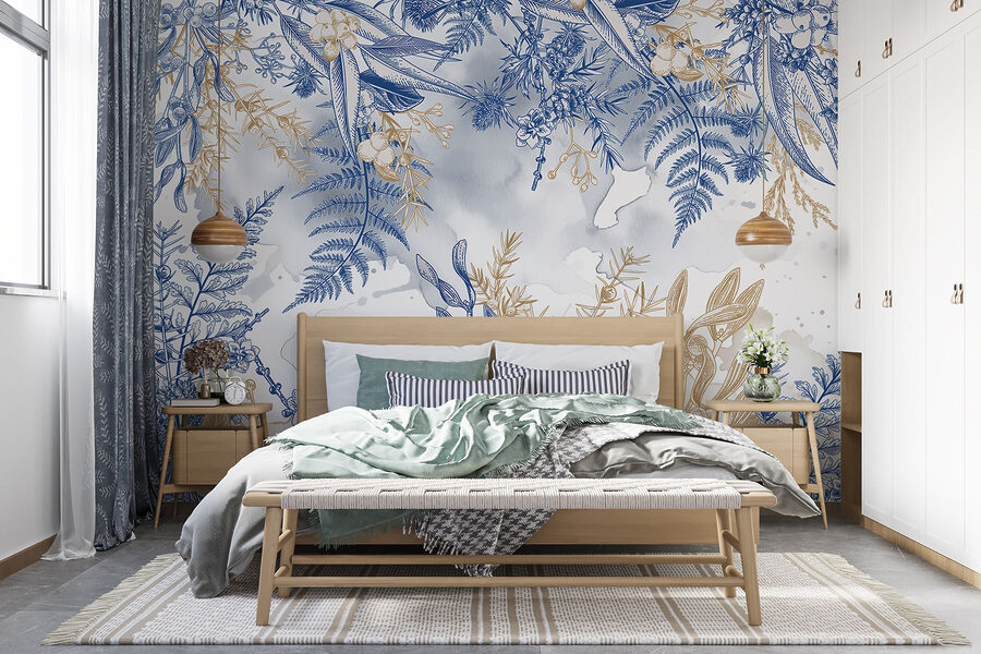 Papier peint Motif floral bleu et blanc