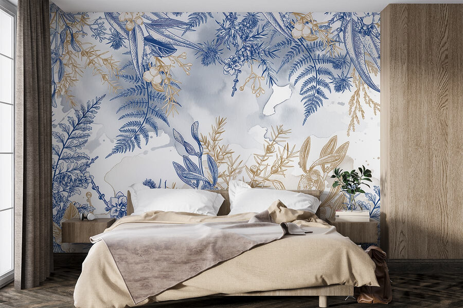 Papier peint Motif floral bleu et blanc – Image 2