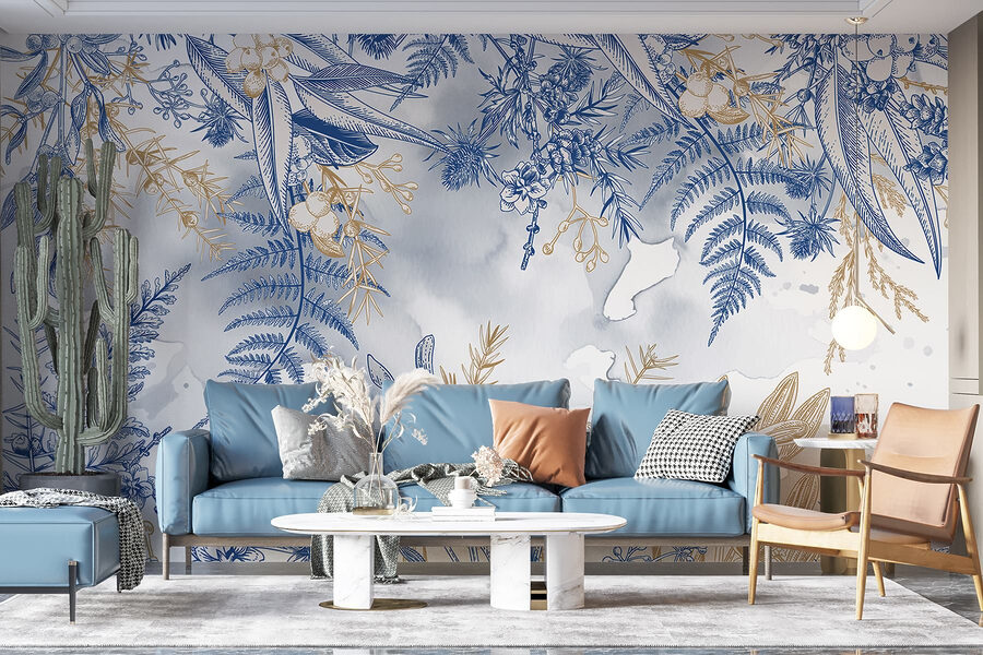 Papier peint Motif floral bleu et blanc – Image 3