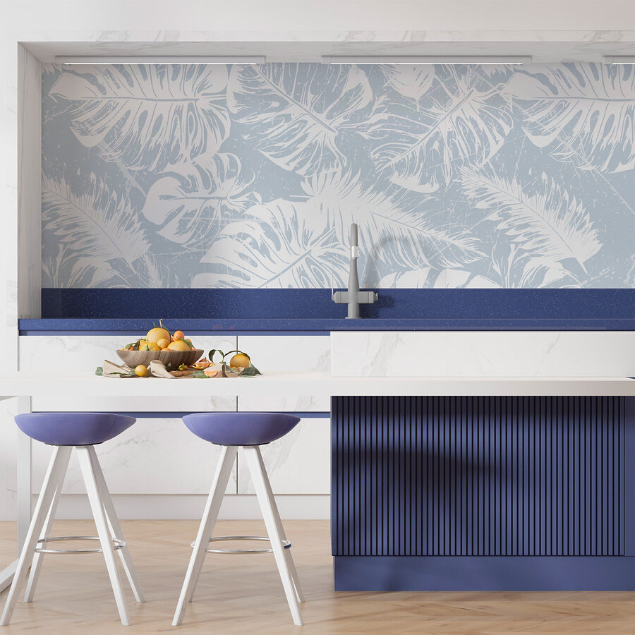 Feuilles blanches sur fond bleu