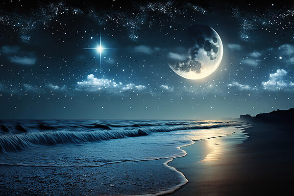 Lune et étoiles sur une plage Lune et étoiles sur une plage