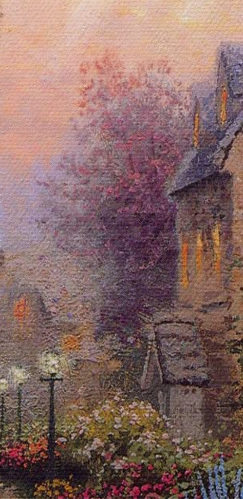 Painting of a house with flowers and a path Painting of a house with flowers and a path
