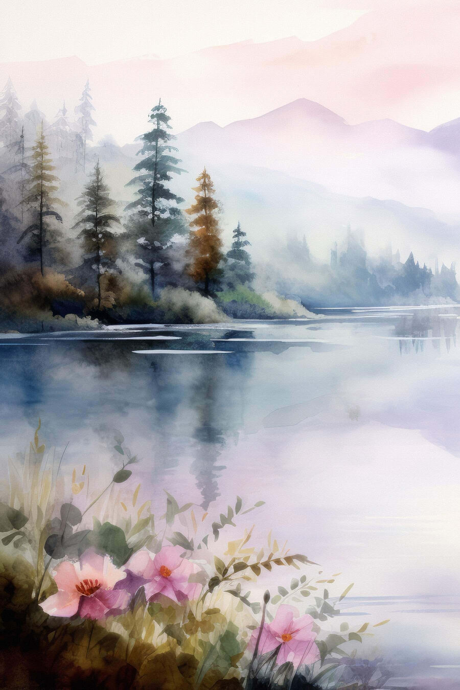 Aquarelle d'un lac avec des arbres et des fleurs