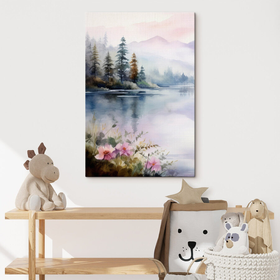 Aquarelle d'un lac avec des arbres et des fleurs