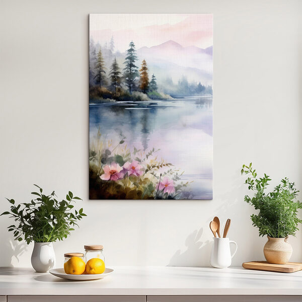 Aquarelle d'un lac avec des arbres et des fleurs Aquarelle d'un lac avec des arbres et des fleurs