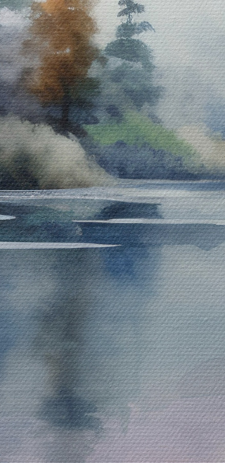 Aquarelle d'un lac avec des arbres et des fleurs