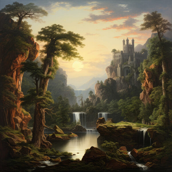 Cascade et château dans les montagnes Cascade et château dans les montagnes