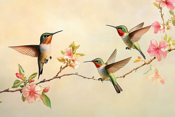 Groupe de colibris sur une branche avec des fleurs Groupe de colibris sur une branche avec des fleurs
