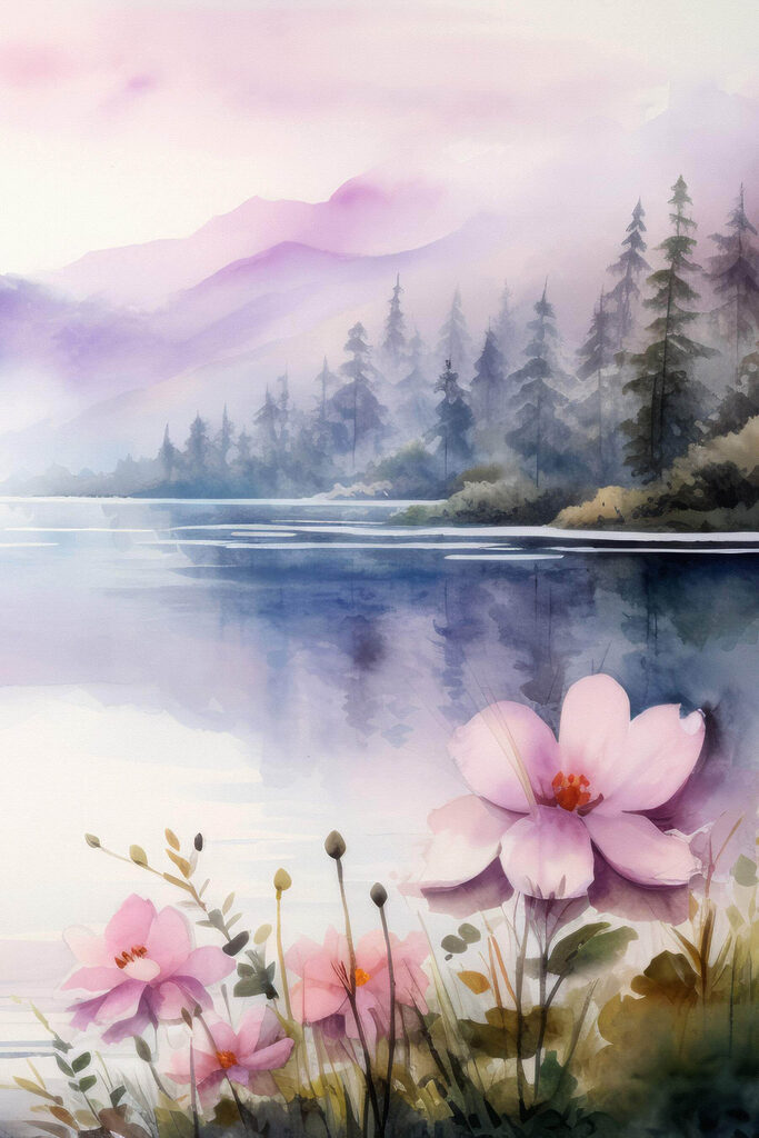 Watercolor painting of flowers and trees by a lake