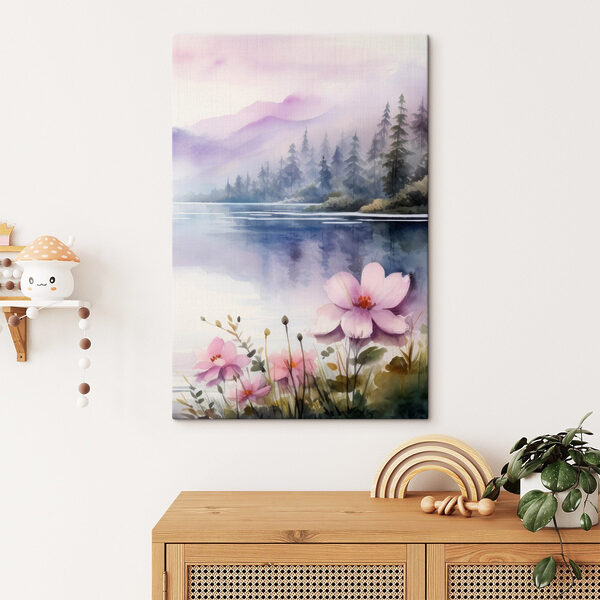 Aquarelle de fleurs et d'arbres au bord d'un lac Aquarelle de fleurs et d'arbres au bord d'un lac