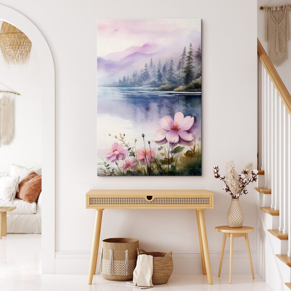 Aquarelle de fleurs et d'arbres au bord d'un lac Aquarelle de fleurs et d'arbres au bord d'un lac