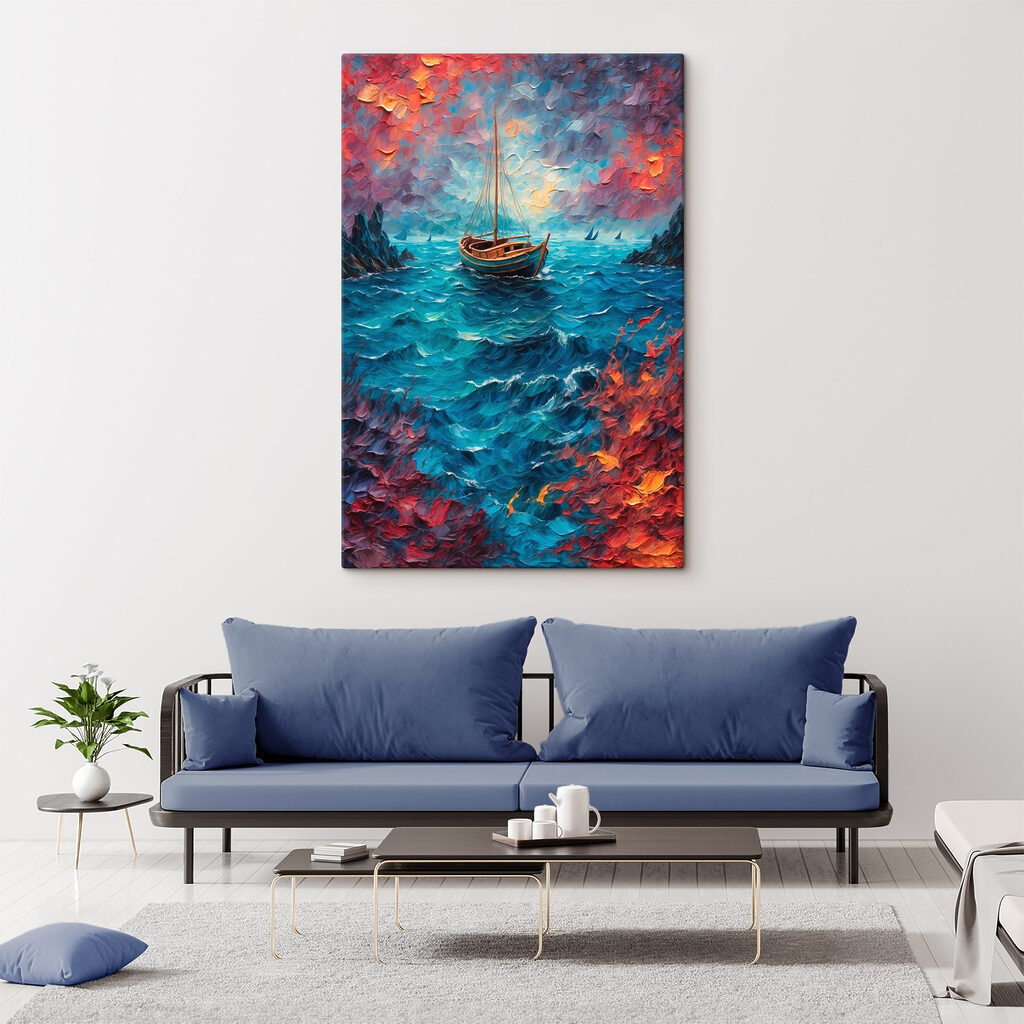 Painting of a boat in the ocean