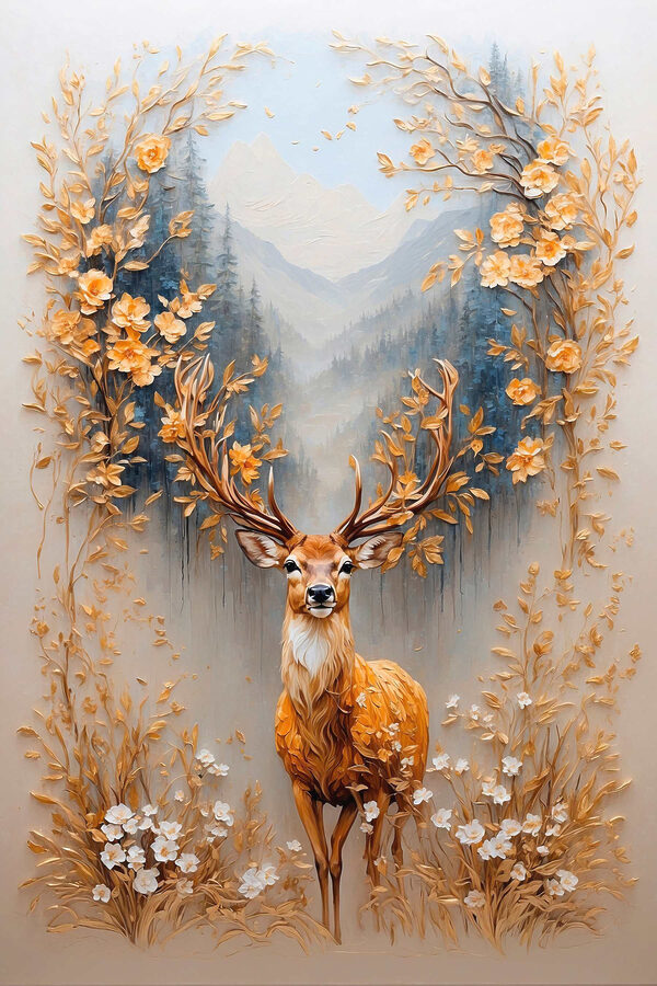 Peinture d'un cerf avec des fleurs et des montagnes Peinture d'un cerf avec des fleurs et des montagnes