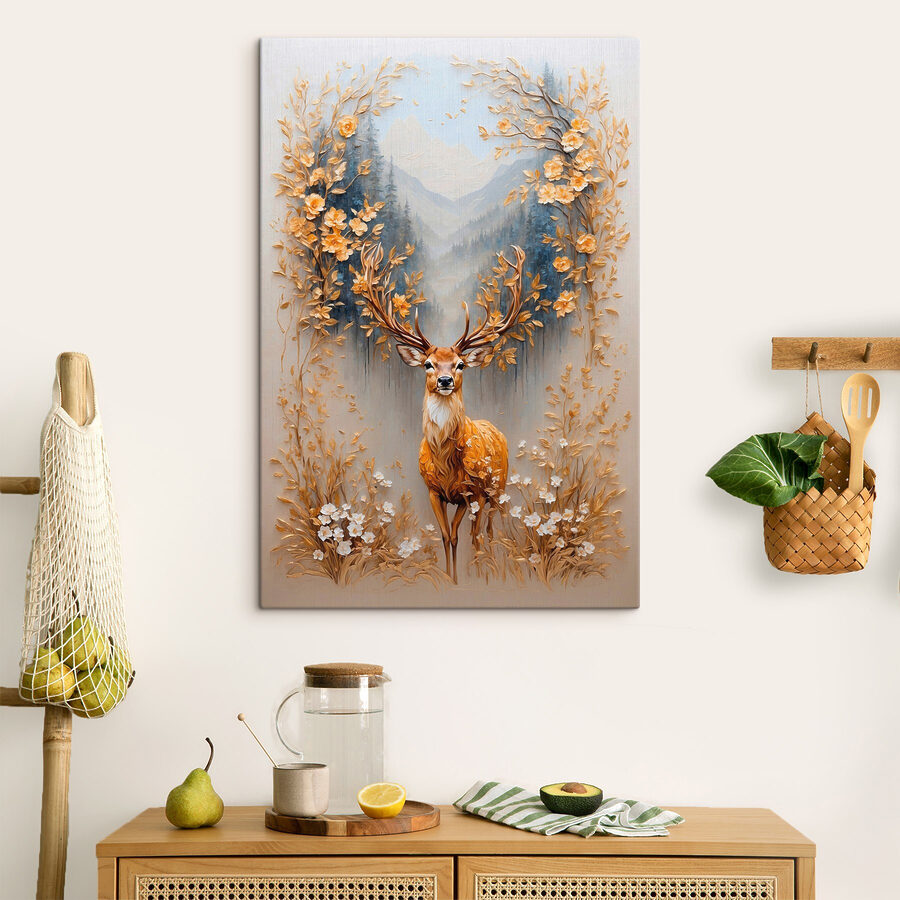 Peinture d'un cerf avec des fleurs et des montagnes