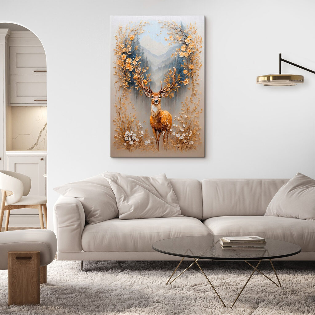 Painting of a deer with flowers and mountains