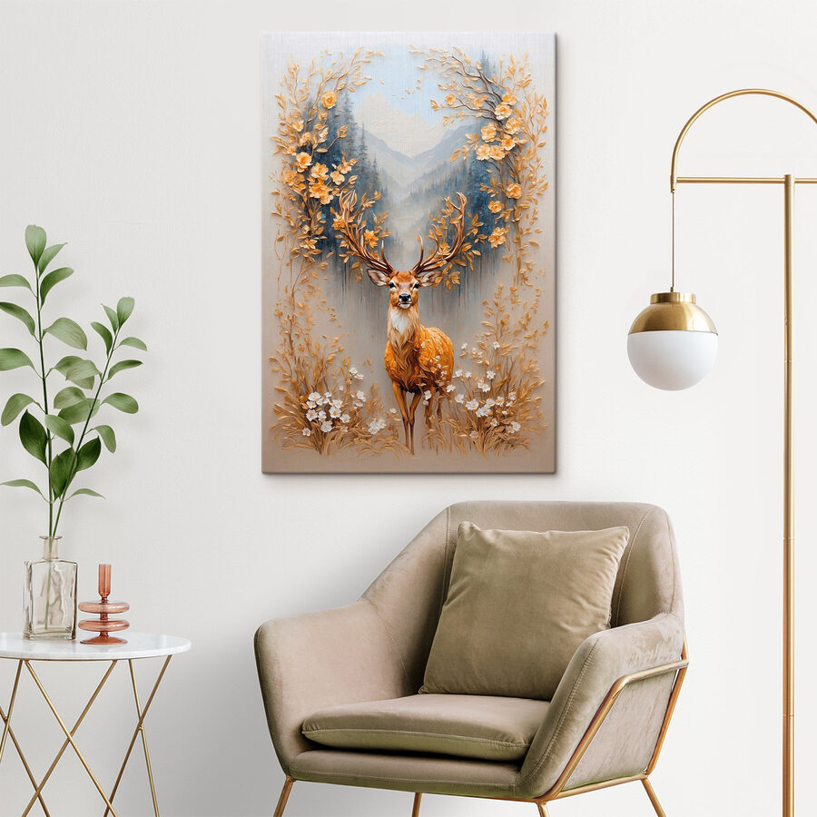 Peinture d'un cerf avec des fleurs et des montagnes