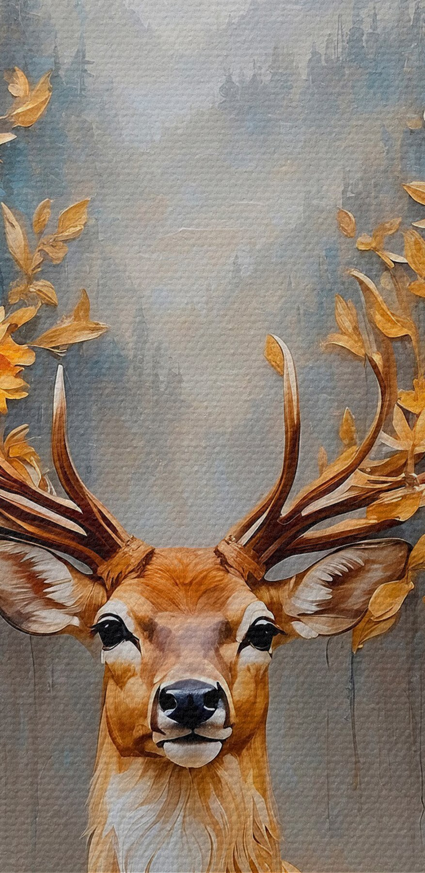 Peinture d'un cerf avec des fleurs et des montagnes