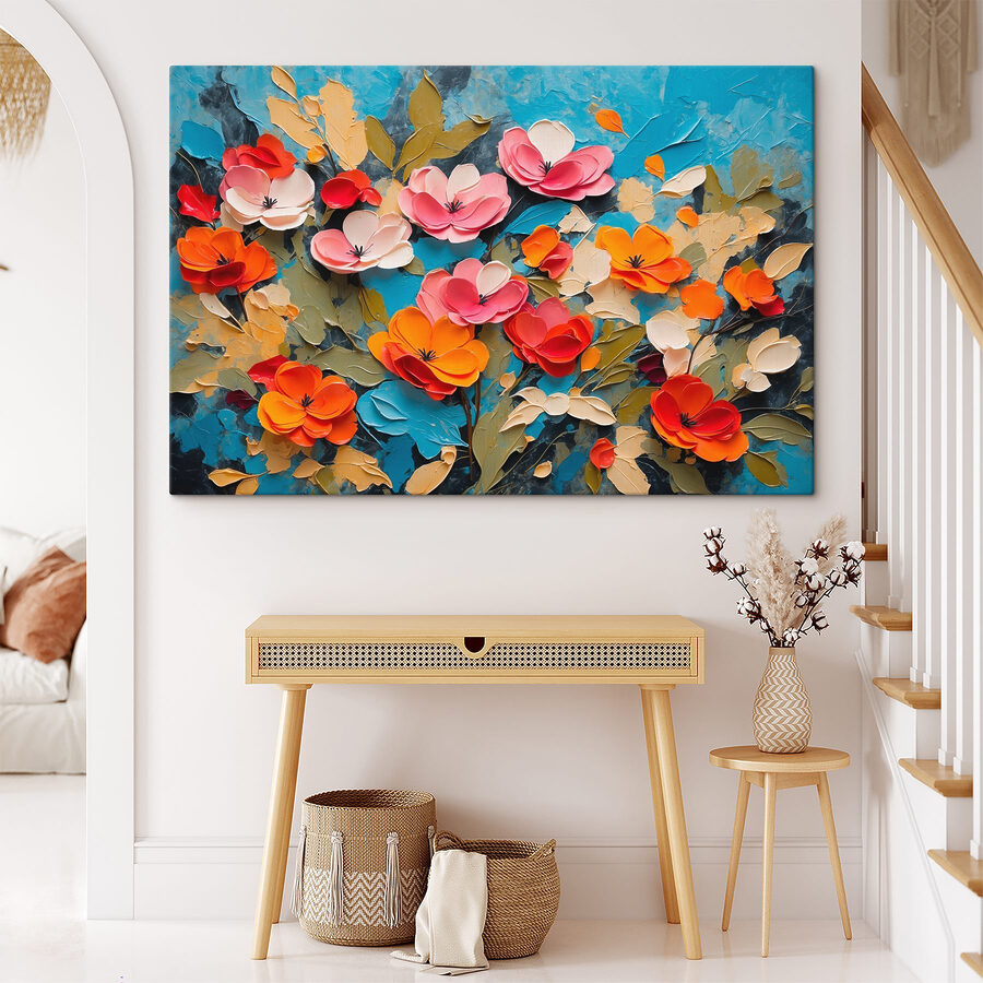 Peinture de fleurs sur une surface bleue