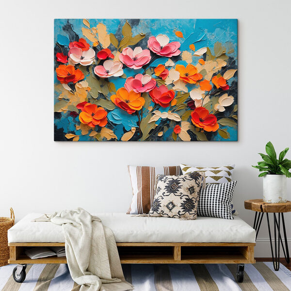 Peinture de fleurs sur une surface bleue Peinture de fleurs sur une surface bleue