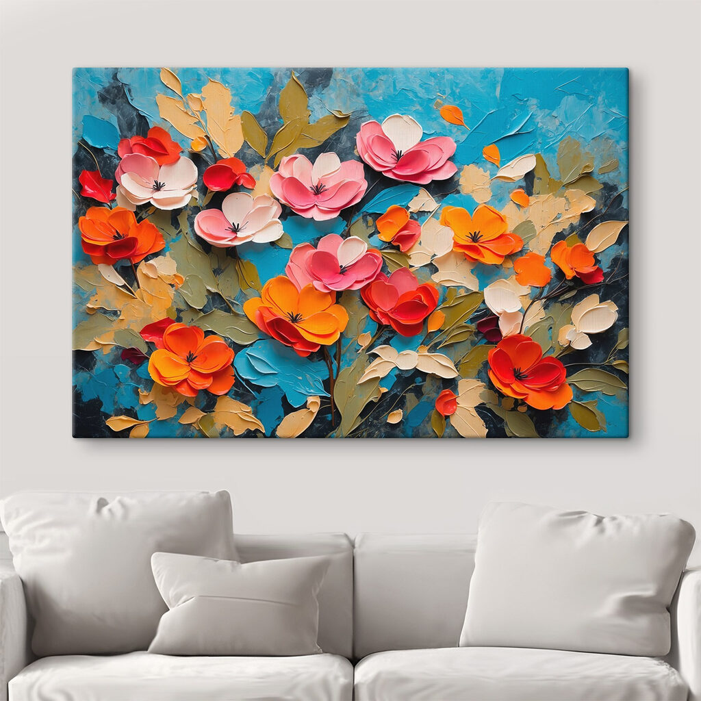 Painting of flowers on a blue surface