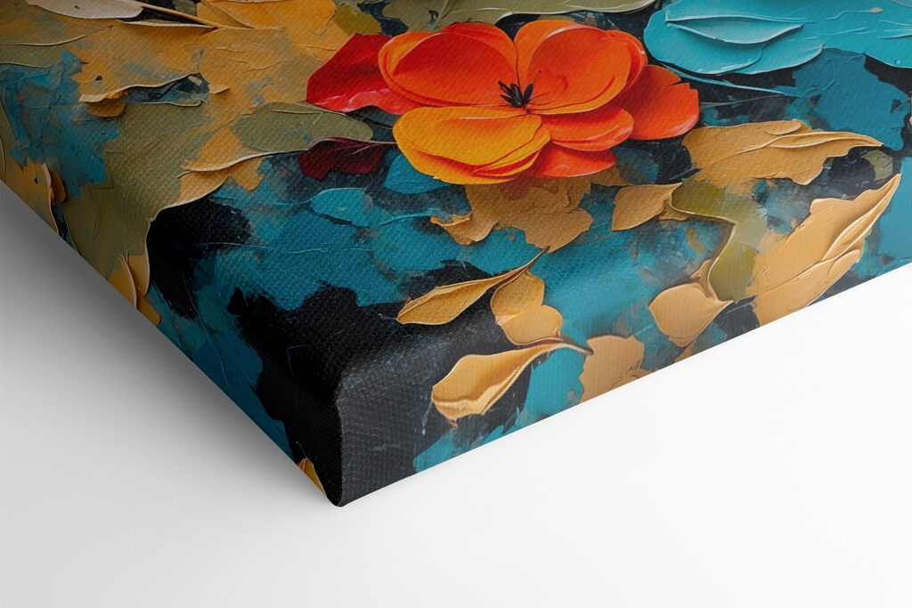 Painting of flowers on a blue surface