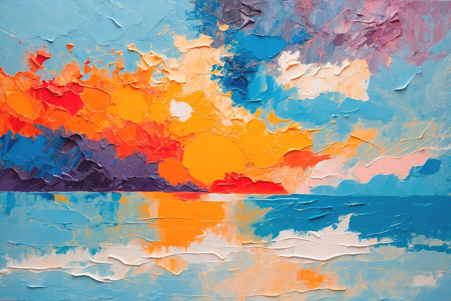 Peinture d'un coucher de soleil sur l'eau Peinture d'un coucher de soleil sur l'eau