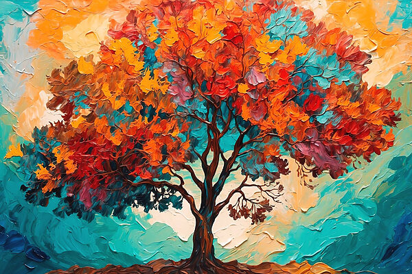 Peinture d'un arbre aux feuilles colorées Peinture d'un arbre aux feuilles colorées