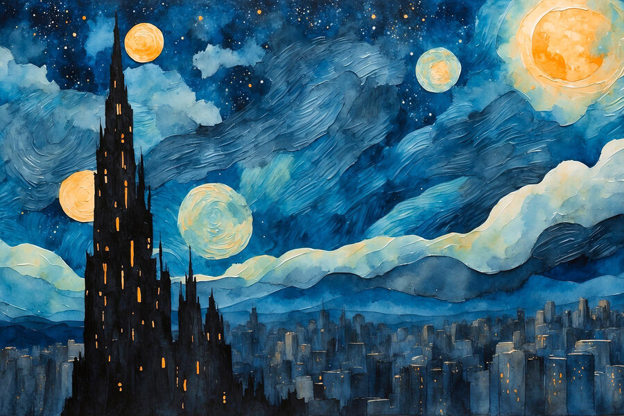 Aquarelle d'une ville la nuit
