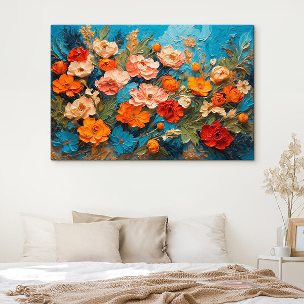 Peinture de fleurs sur une surface bleue Peinture de fleurs sur une surface bleue