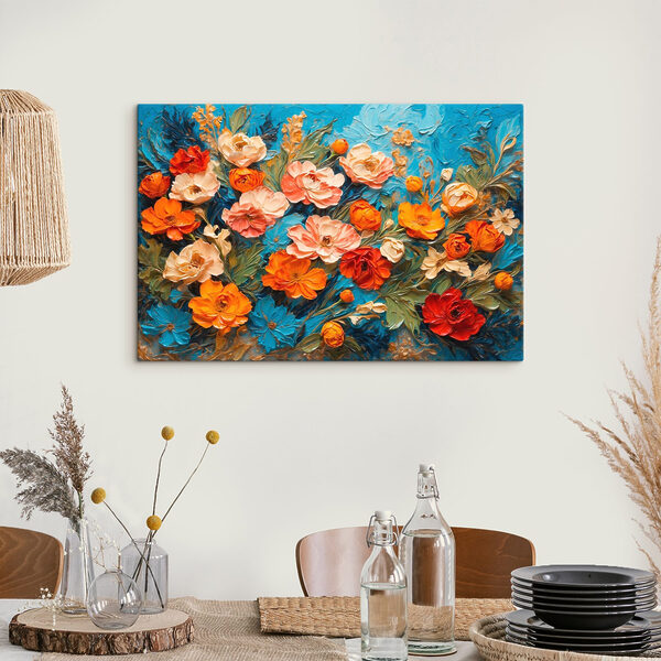 Peinture de fleurs sur une surface bleue Peinture de fleurs sur une surface bleue