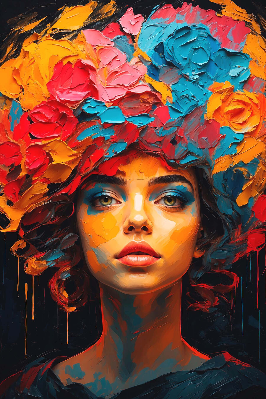 Femme avec des fleurs colorées sur la tête