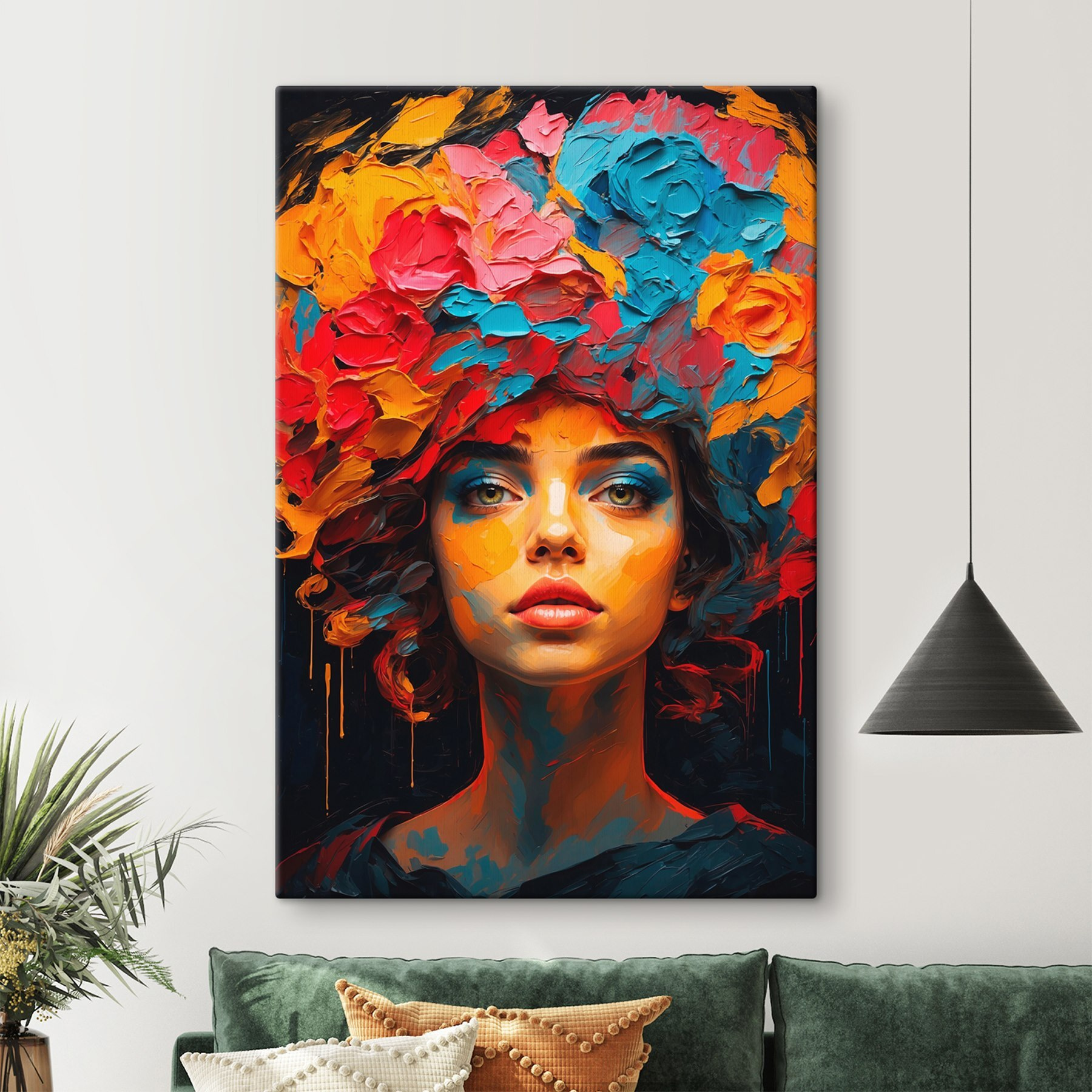 Woman with colorful flowers on her head Woman with colorful flowers on her head