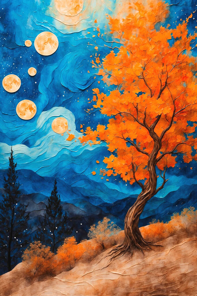 Painting of a tree with orange leaves and blue mountains Painting of a tree with orange leaves and blue mountains