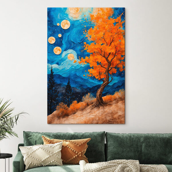 Peinture d'un arbre avec des feuilles orange et des montagnes bleues Peinture d'un arbre avec des feuilles orange et des montagnes bleues