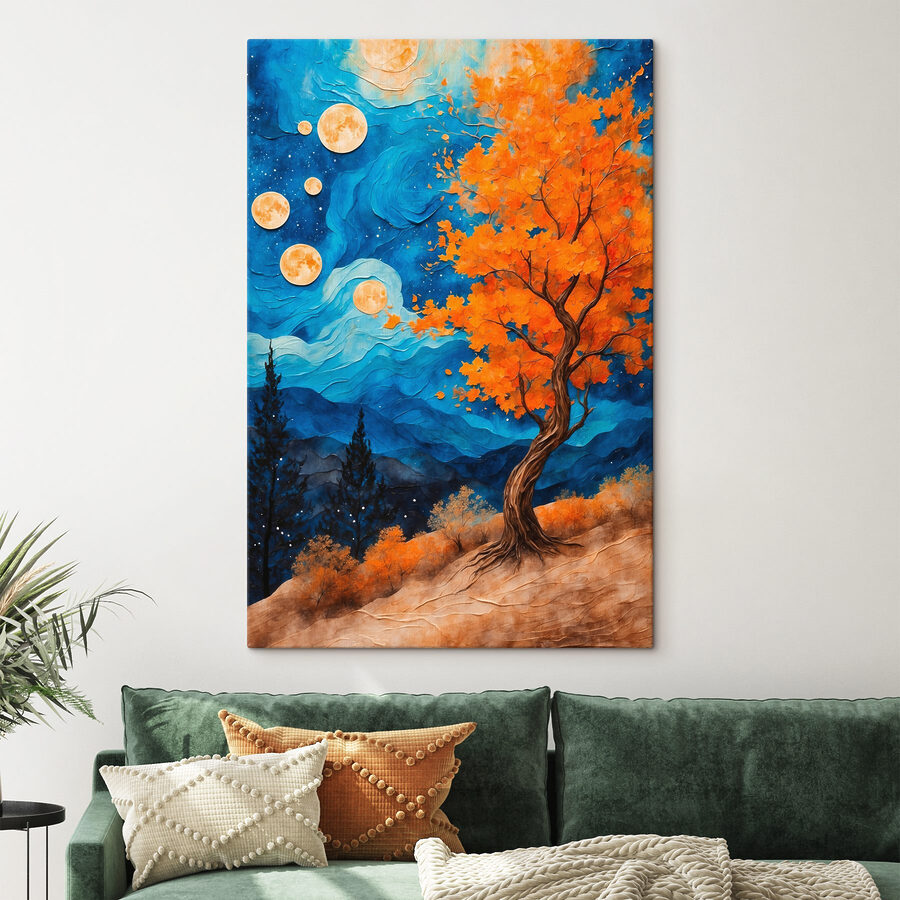 Peinture d'un arbre avec des feuilles orange et des montagnes bleues