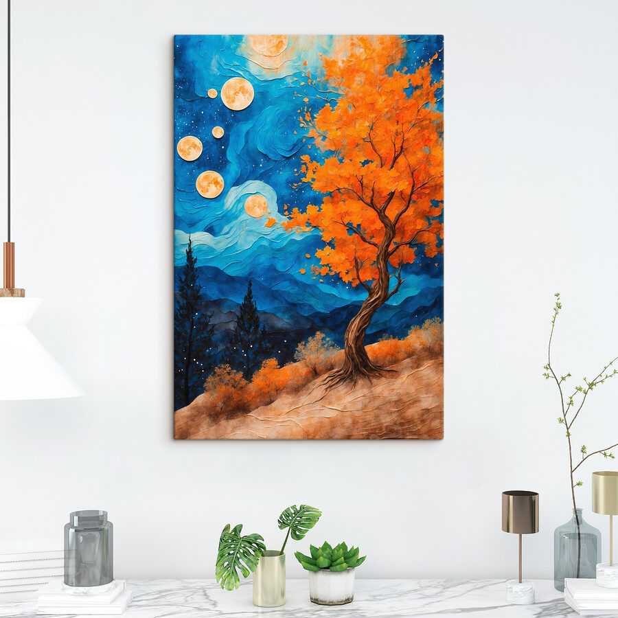 Peinture d'un arbre avec des feuilles orange et des montagnes bleues