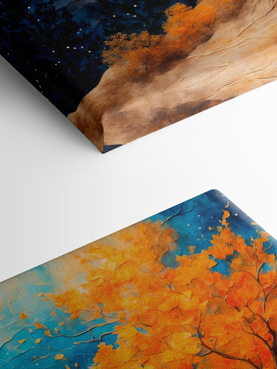 Peinture d'un arbre avec des feuilles orange et des montagnes bleues