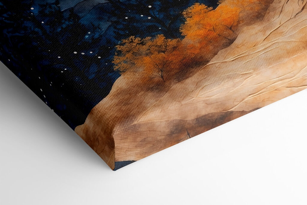 Painting of a tree with orange leaves and blue mountains Painting of a tree with orange leaves and blue mountains